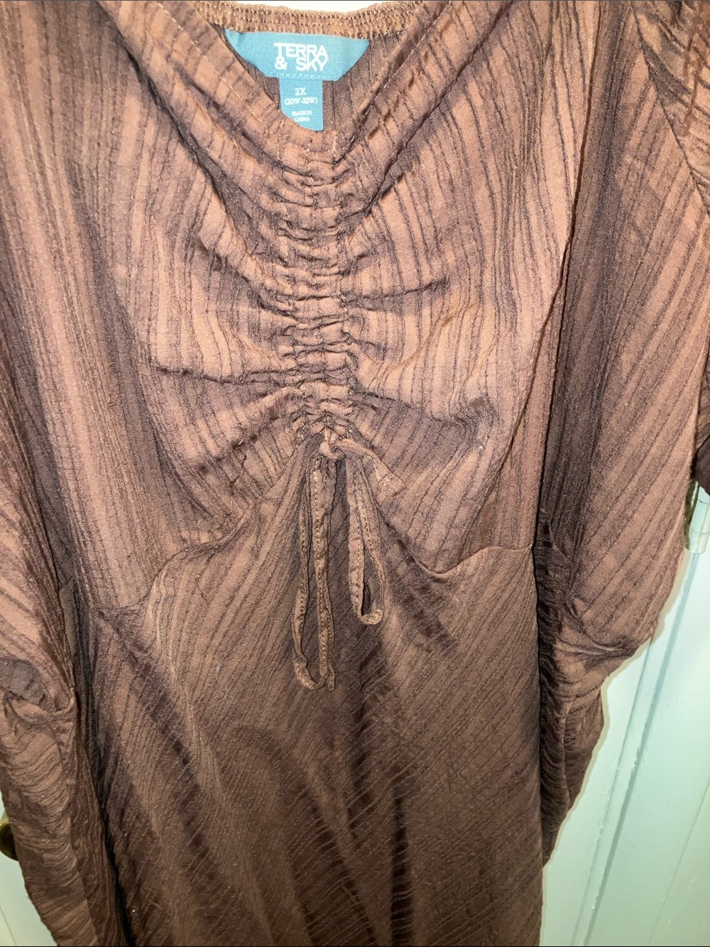 Terra & Sky Brown Striped Ruched Front SS Midi Dress 2X 20-22 - Picture 2 of 4